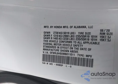 2021 Honda Odyssey Touring from USA, damaged, VIN 5FNRL6H8XMB011011